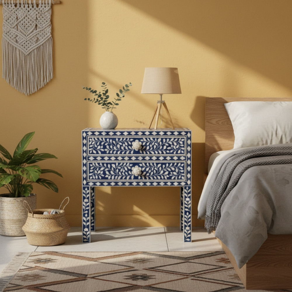 Bone Inlay 2 Drawer Bedside : Floral : Indigo