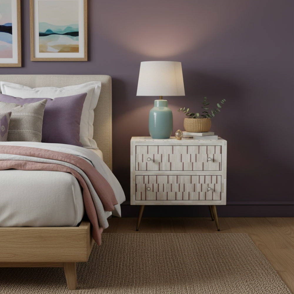 Bone Inlay 2 Drawer Bedside : Morse : Biscuit