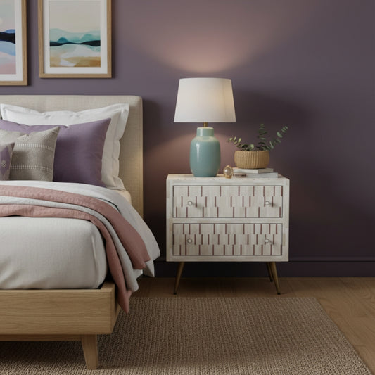 Bone Inlay 2 Drawer Bedside : Morse : Biscuit