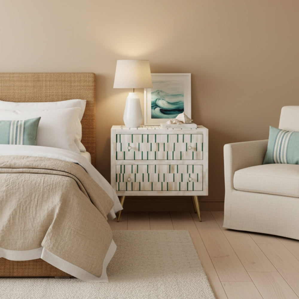 Bone Inlay 2 Drawer Bedside : Morse : Sea Green
