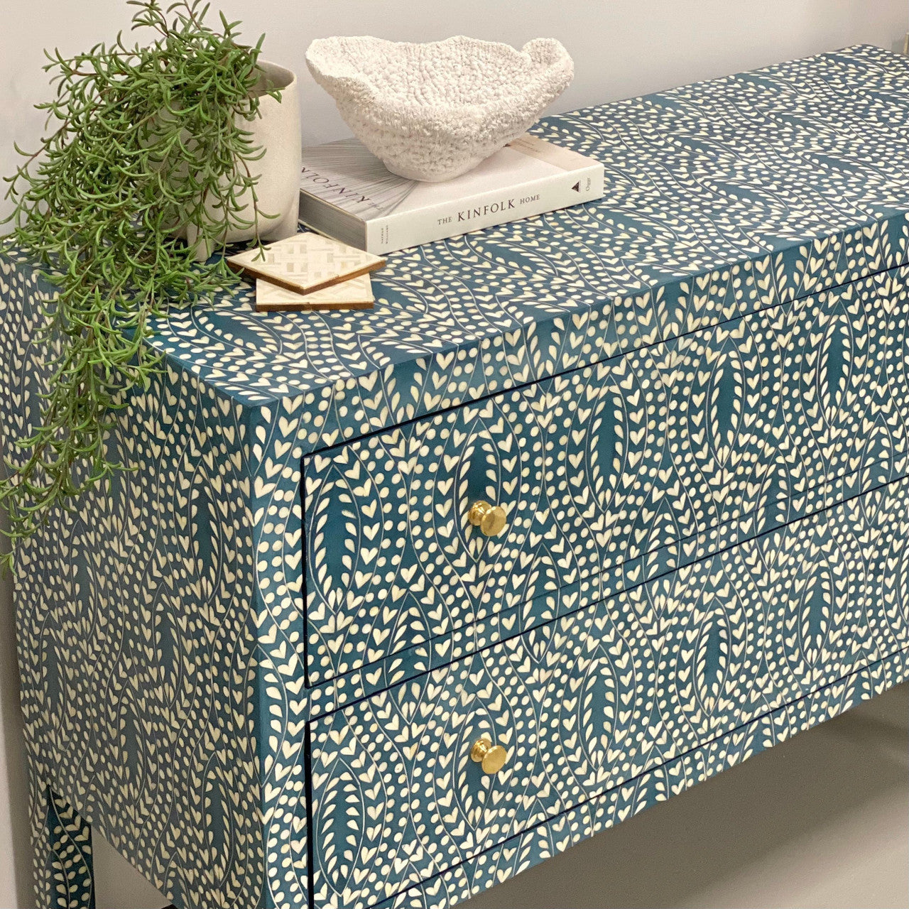 Bone Inlay 2 Drawer Chest : Hearts : Teal