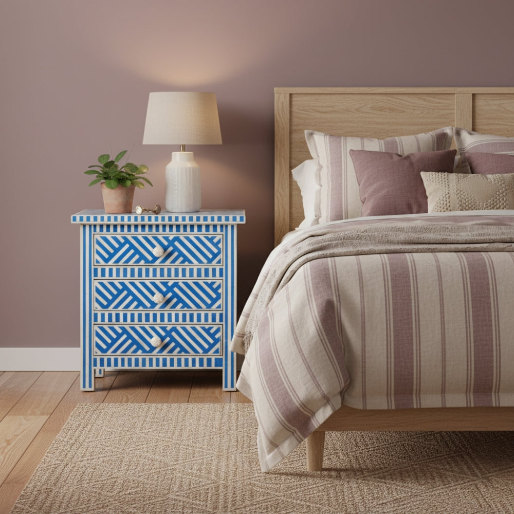 Bone Inlay 3 Drawer Bedside Chest : Criss Cross : Blue