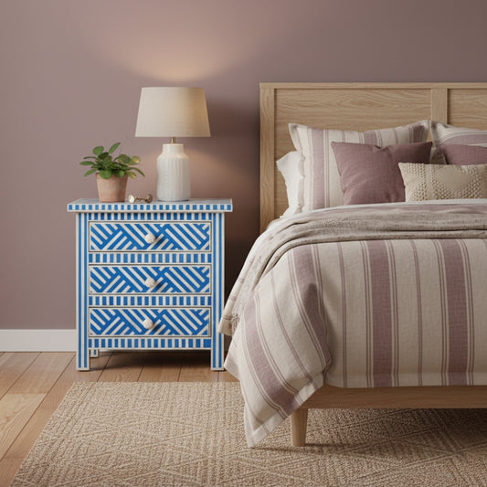 Bone Inlay 3 Drawer Bedside Chest : Criss Cross : Blue