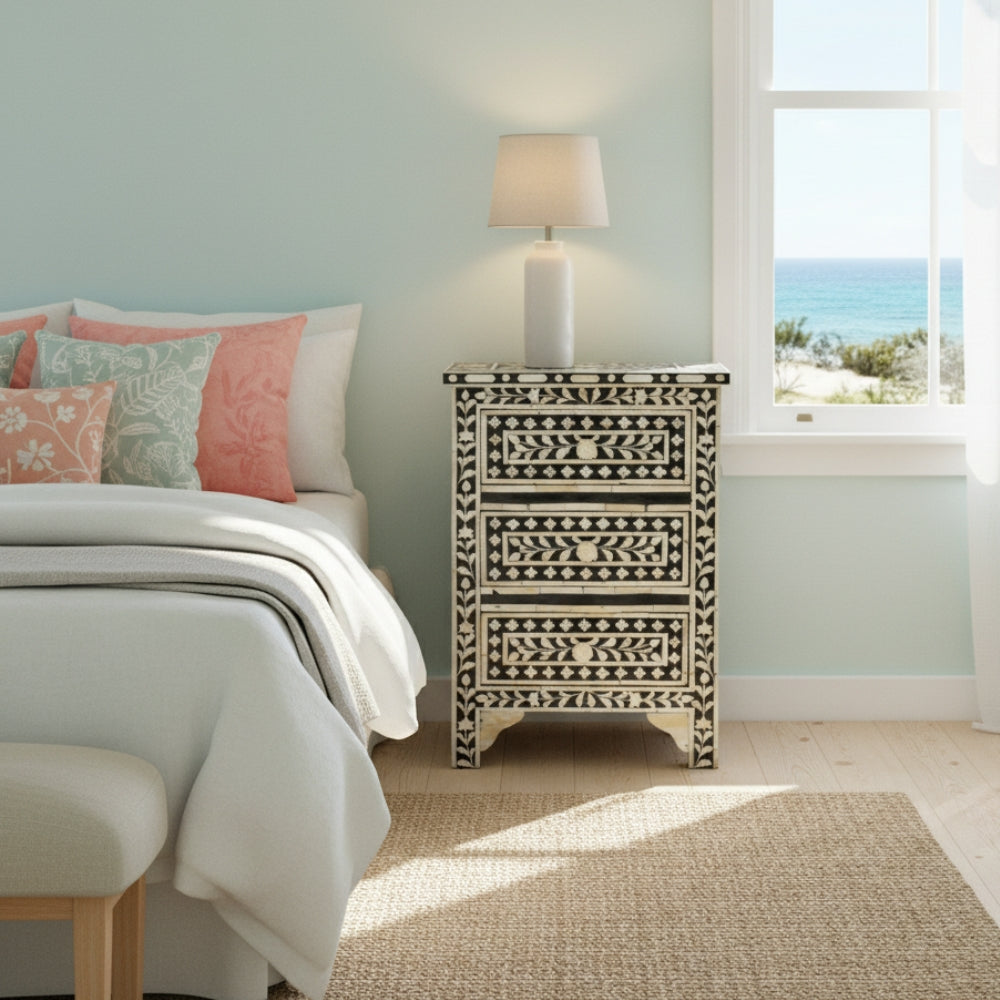 Bone Inlay 3 Drawer Bedside Chest : Floral : Black