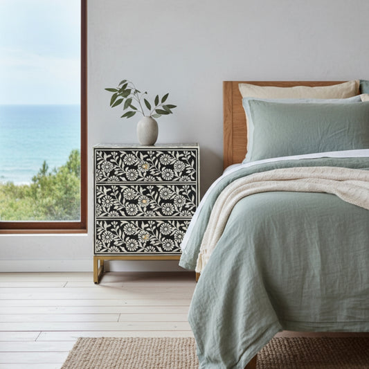 Bone Inlay  3 Drawer Bedside Chest : Marguerite : Black