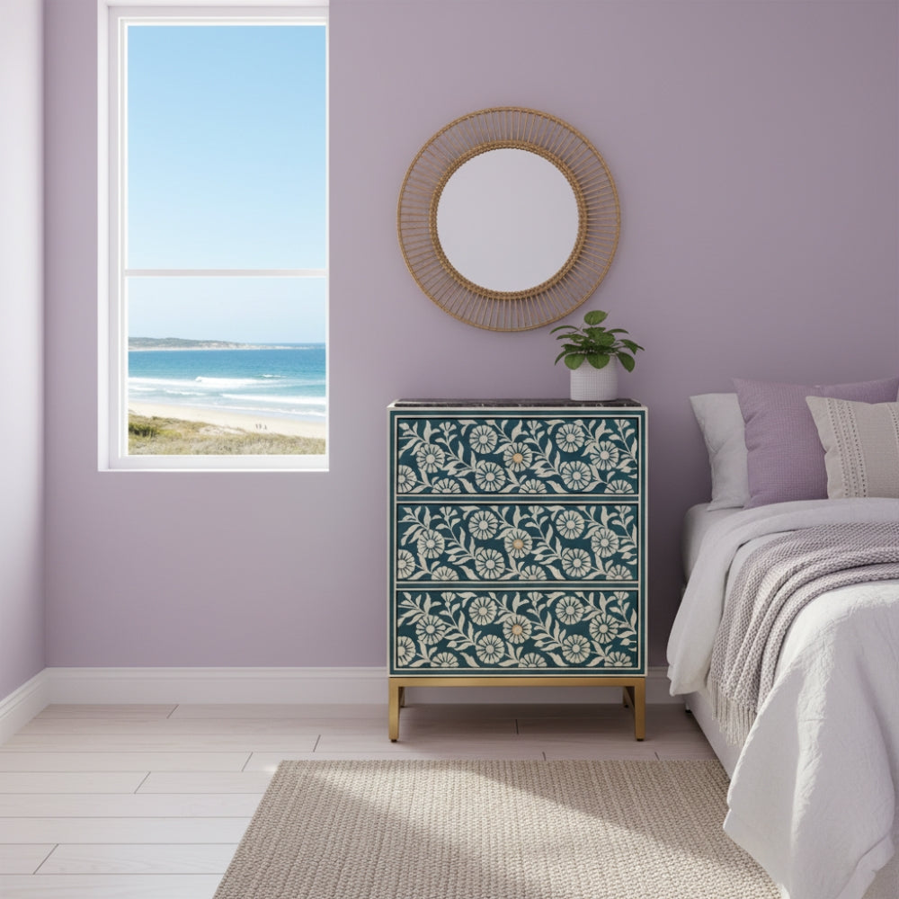 Bone Inlay  3 Drawer Bedside Chest : Marguerite : Teal