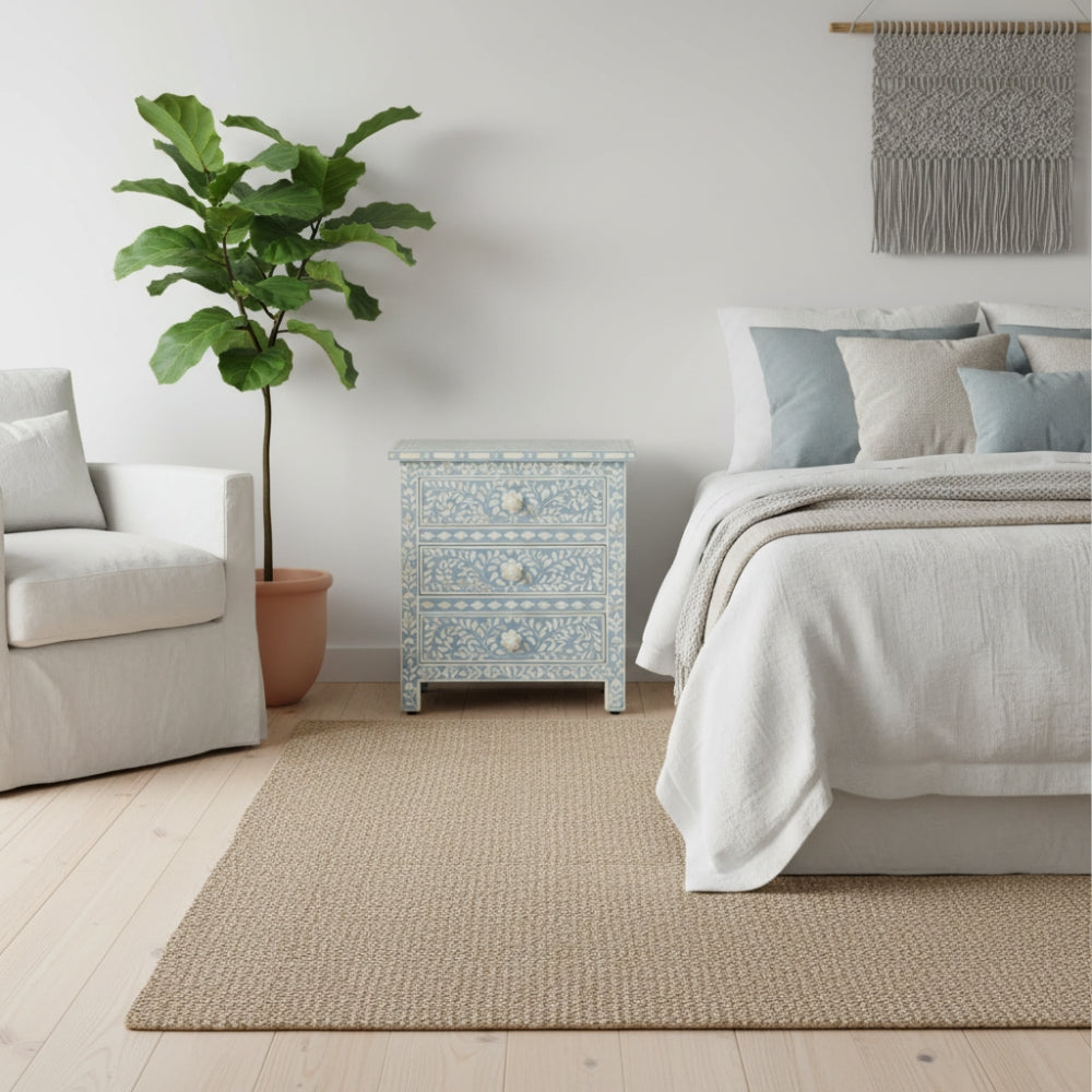 Bone Inlay 3 Drawer Bedside : Floral : Blue-Grey