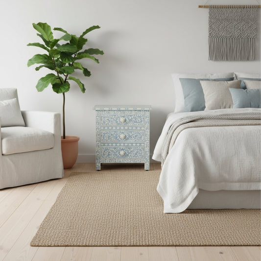 Bone Inlay 3 Drawer Bedside : Floral : Blue-Grey