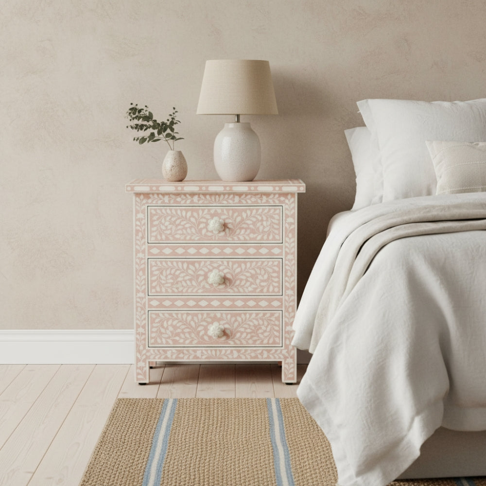 Bone Inlay 3 Drawer Bedside : Floral : Blush