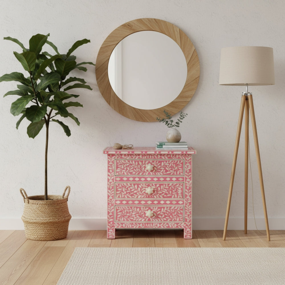 Bone Inlay 3 Drawer Bedside : Floral : Fuchsia