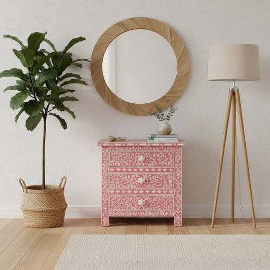 Bone Inlay 3 Drawer Bedside : Floral : Fuchsia