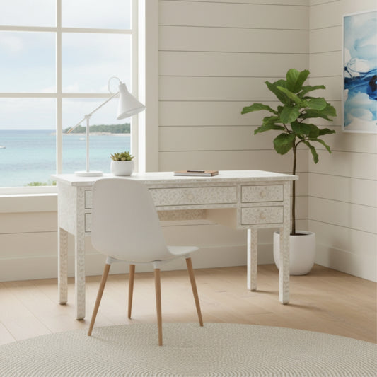 Bone Inlay 5 Drawer Desk : Floral : White