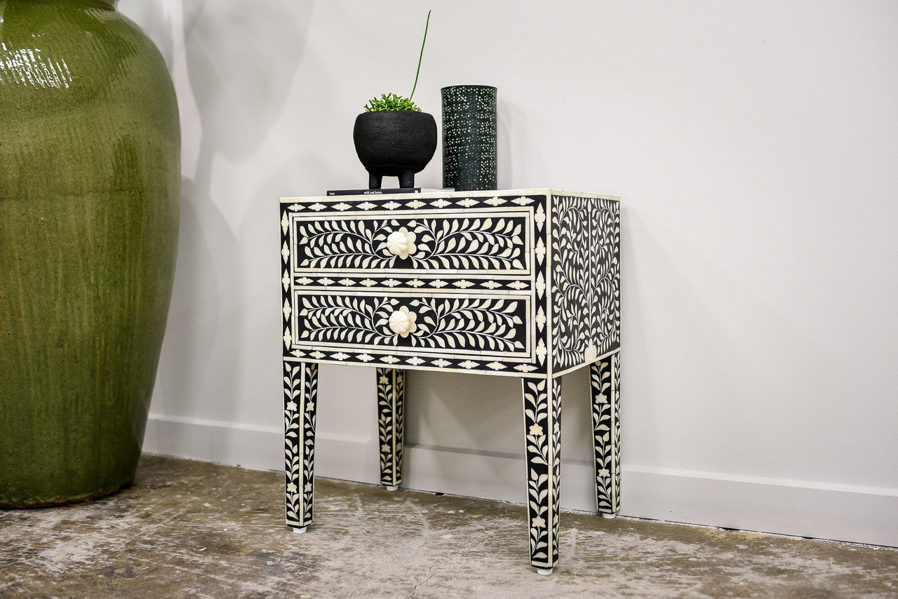 Bone Inlay 2 Drawer Bedside : Floral : Black