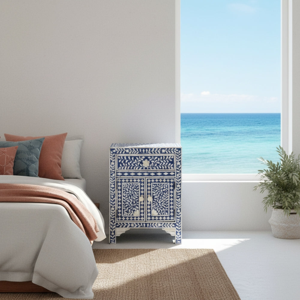 Bone Inlay Bedside Cabinet : Floral : Indigo Blue