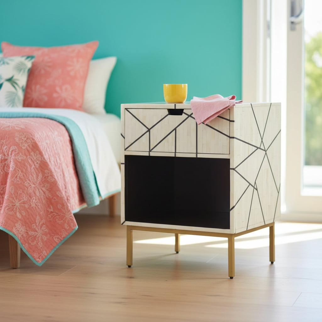 Bone Inlay Bedside Table : Abstract : White