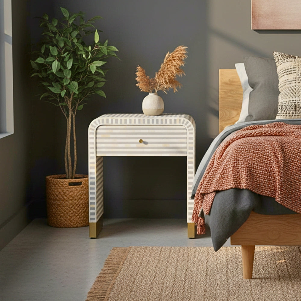 Bone Inlay Bedside Table : Stripe : Grey