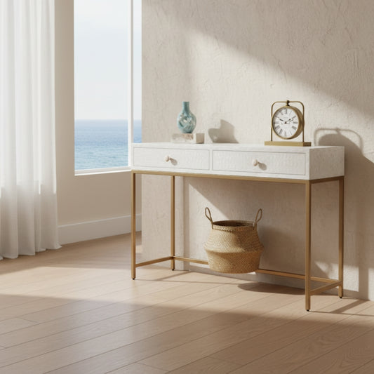 Bone Inlay Console with Brass Look Legs : Floral : White
