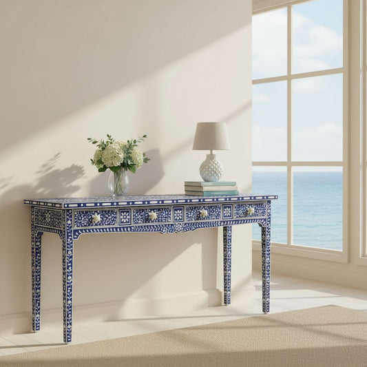 Bone Inlay Console with Scroll Apron : Floral : Blue