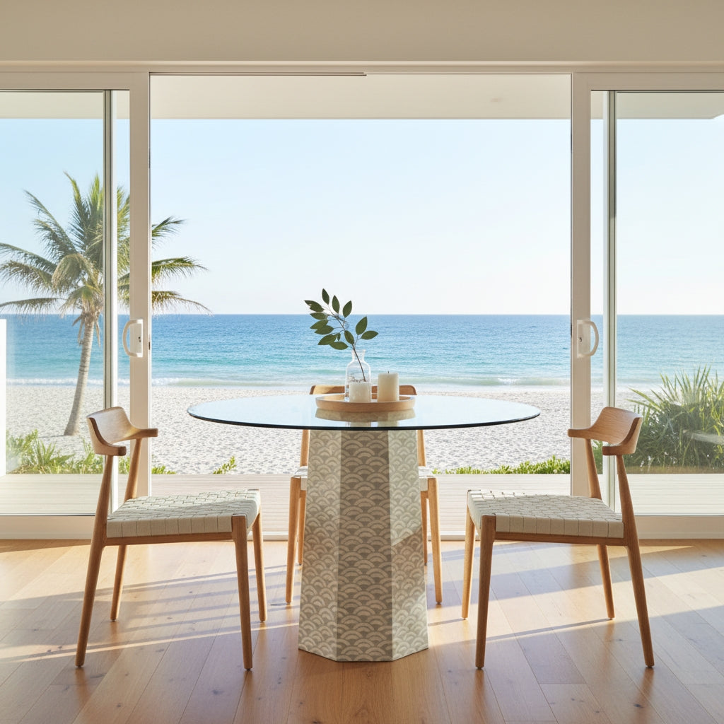 Bone Inlay Dining Table with Glass Top