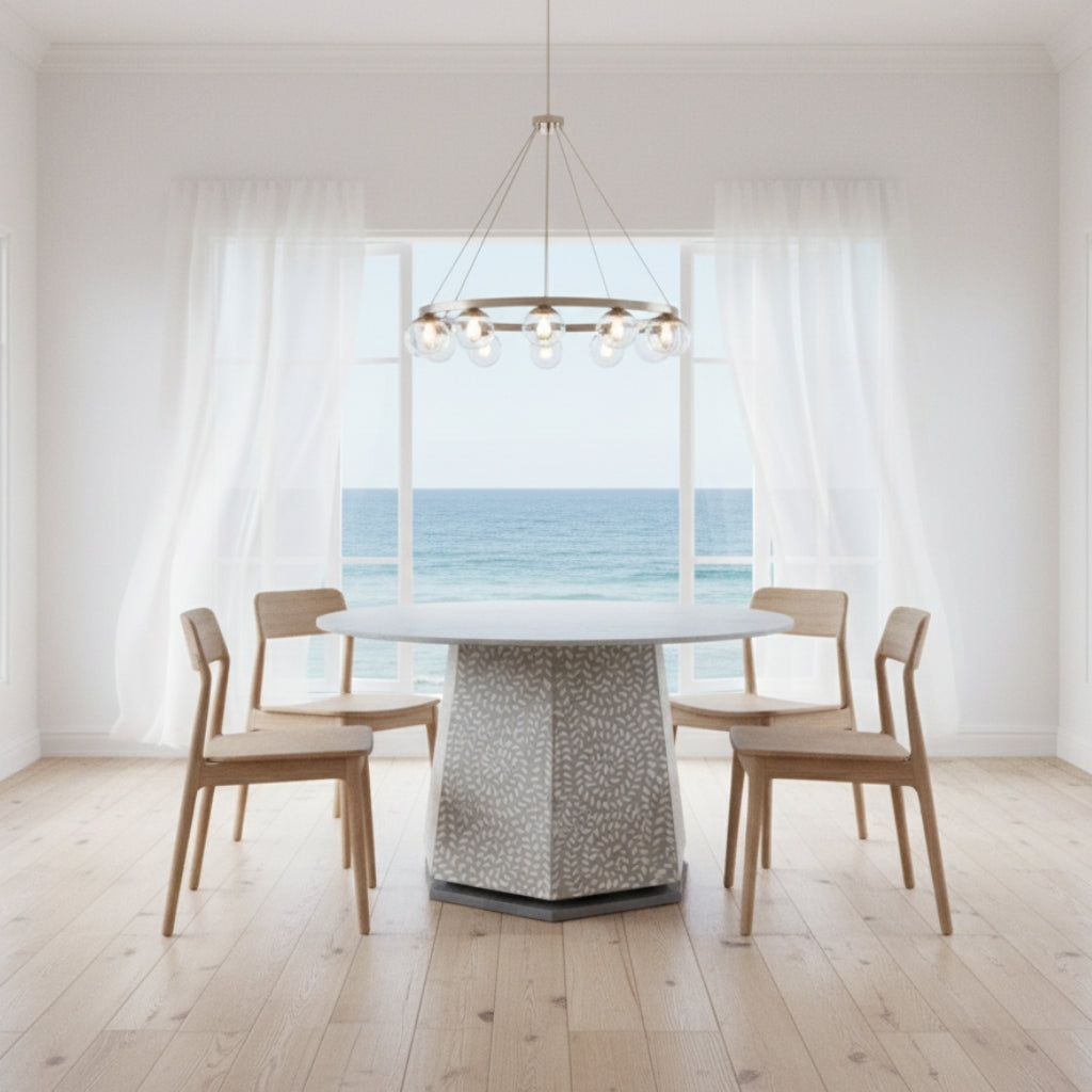 Bone Inlay Dining Table with Marble Top : Floral : Grey