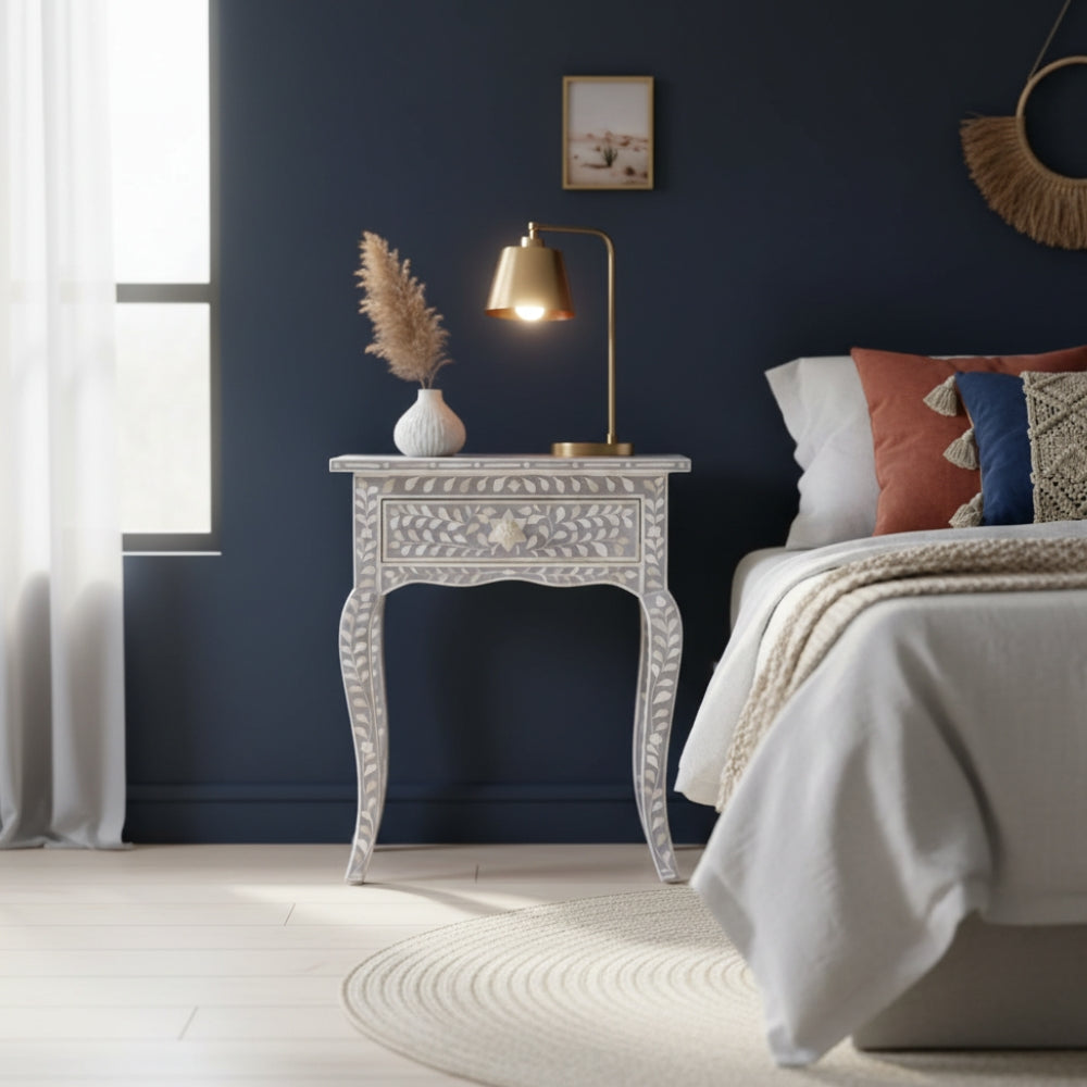 Bone Inlay French 1 Drawer Bedside Table : Floral : Grey