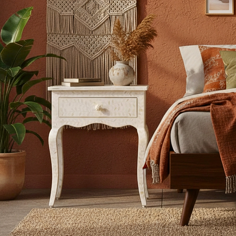 Bone Inlay French 1 Drawer Bedside : Floral : Ivory