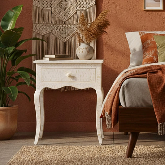 Bone Inlay French 1 Drawer Bedside : Floral : Ivory