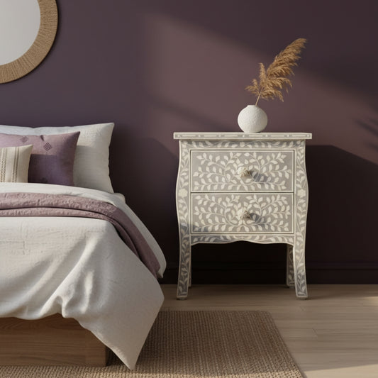 Bone Inlay French 2 Drawer Bedside : Floral : Grey