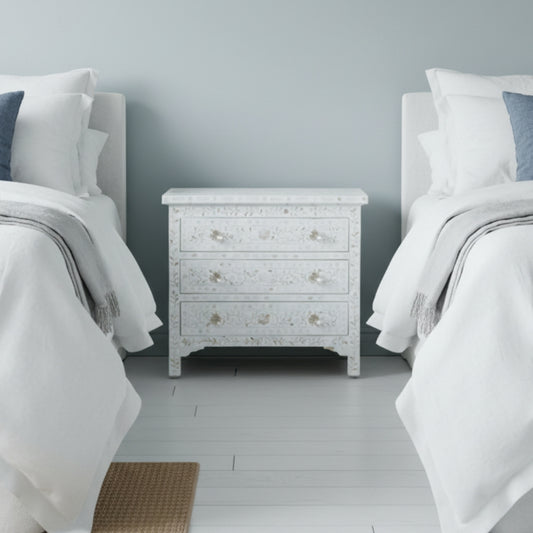 Bone Inlay Large Bedside Chest : Floral : White