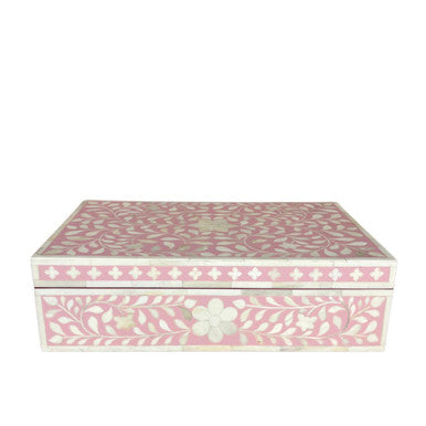 A large rectangular box with a soft pink floral inlay pattern and bone details.