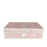 A large rectangular box with a soft pink floral inlay pattern and bone details.