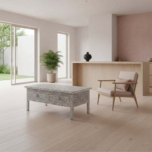 Bone Inlay Rectangular Coffee Table : Floral : Grey