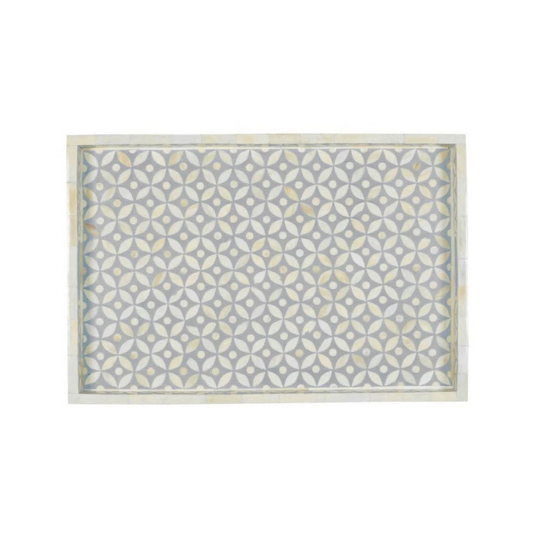 A rectangular decorative tray with a geometric starburst pattern in grey colors, with bone inlay details.