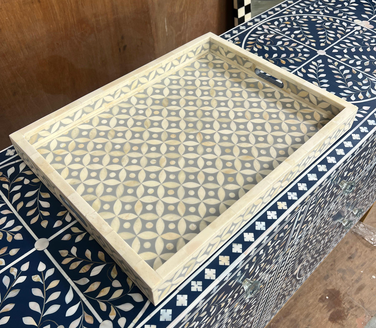 Bone Inlay Rectangular Tray : Starburst : Grey Overhead View