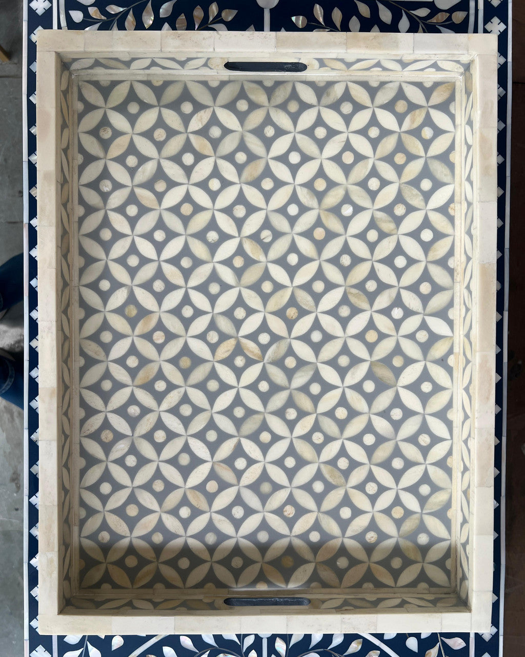 Bone Inlay Rectangular Tray : Starburst : Grey Top View