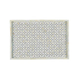 A rectangular decorative tray with a geometric starburst pattern in grey colors, with bone inlay details.