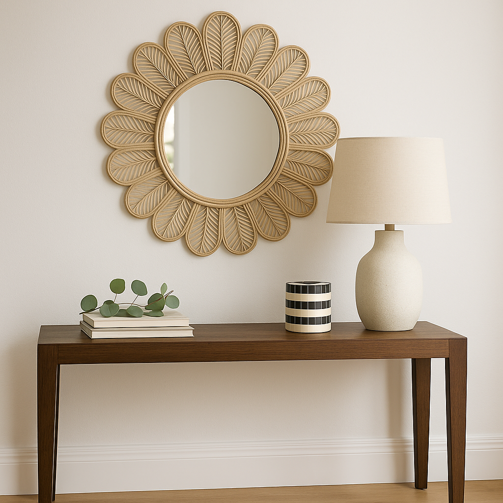Decorative mirror with floral design above a wooden console table with a lamp and books.