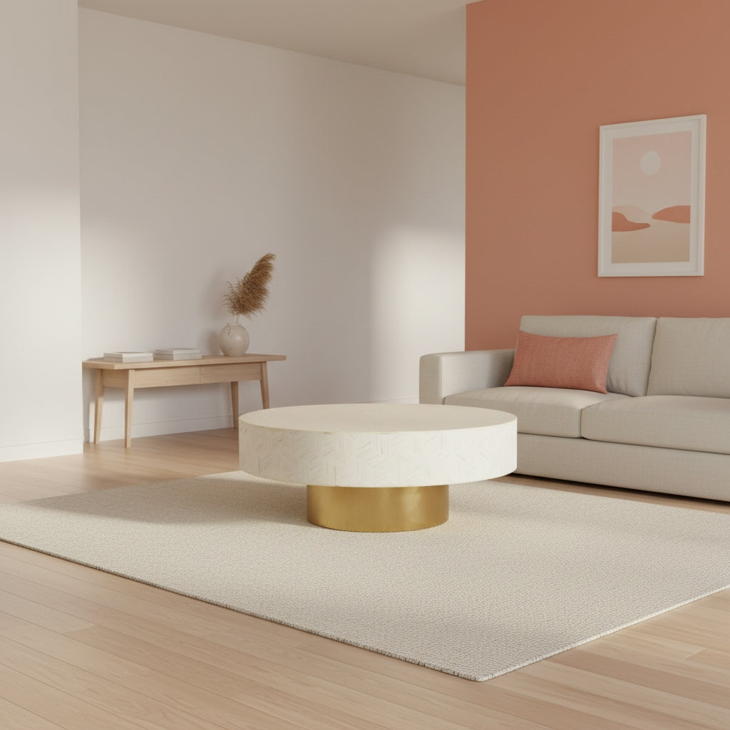 Bone Inlay Round Coffee Table : Criss Cross : White