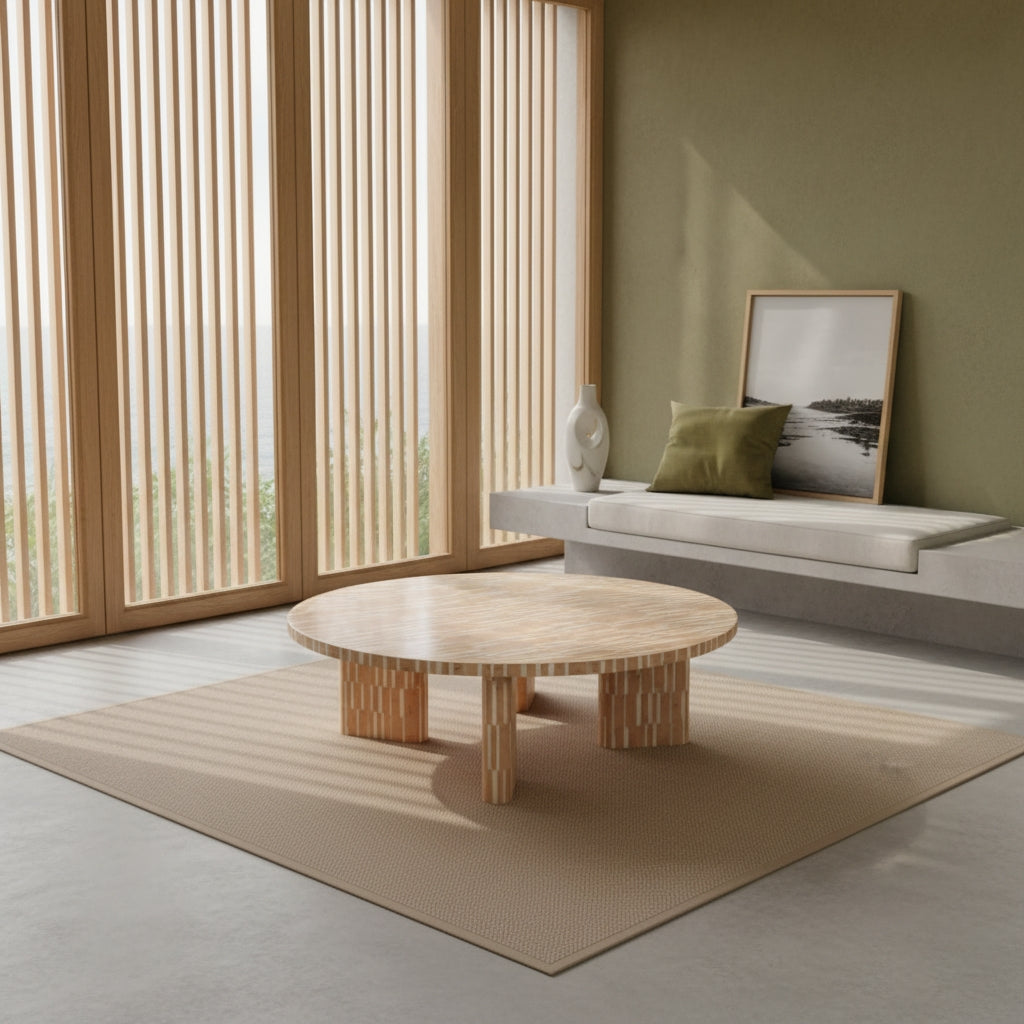 Bone Inlay Round Coffee Table : Keys : Caramel