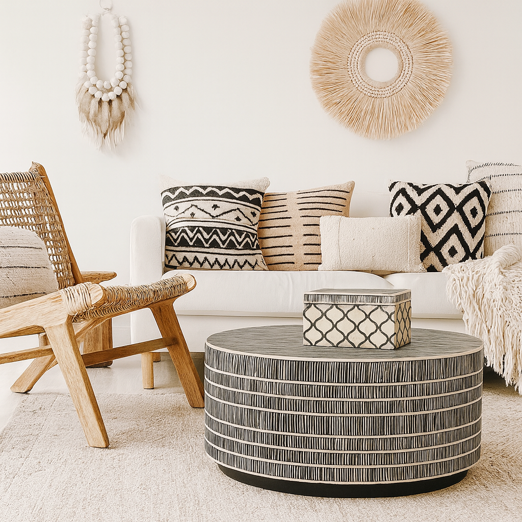 Living room with a white sofa, patterned cushions, and a round coffee table.