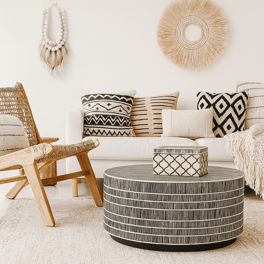 Living room with a white sofa, patterned cushions, and a round coffee table.