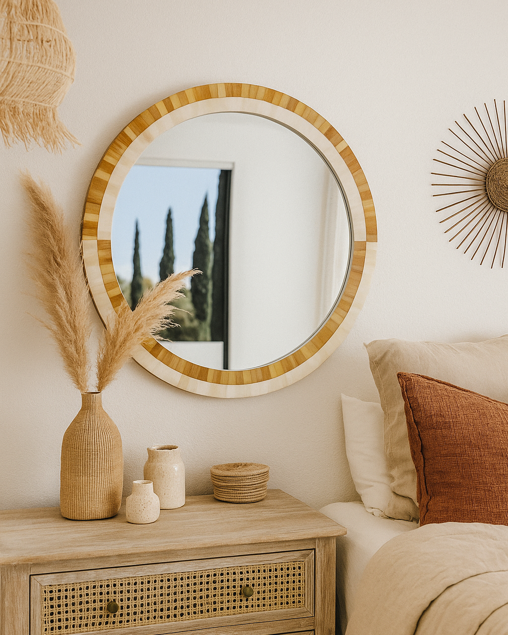 Round mirror with wooden frame on a wall above a wooden nightstand with decorative items.