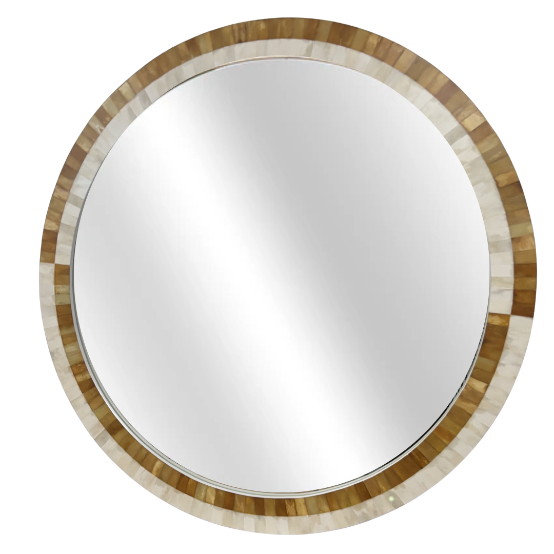 Round mirror with a decorative wooden frame on a white background