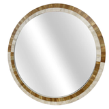 Round mirror with a decorative wooden frame on a white background