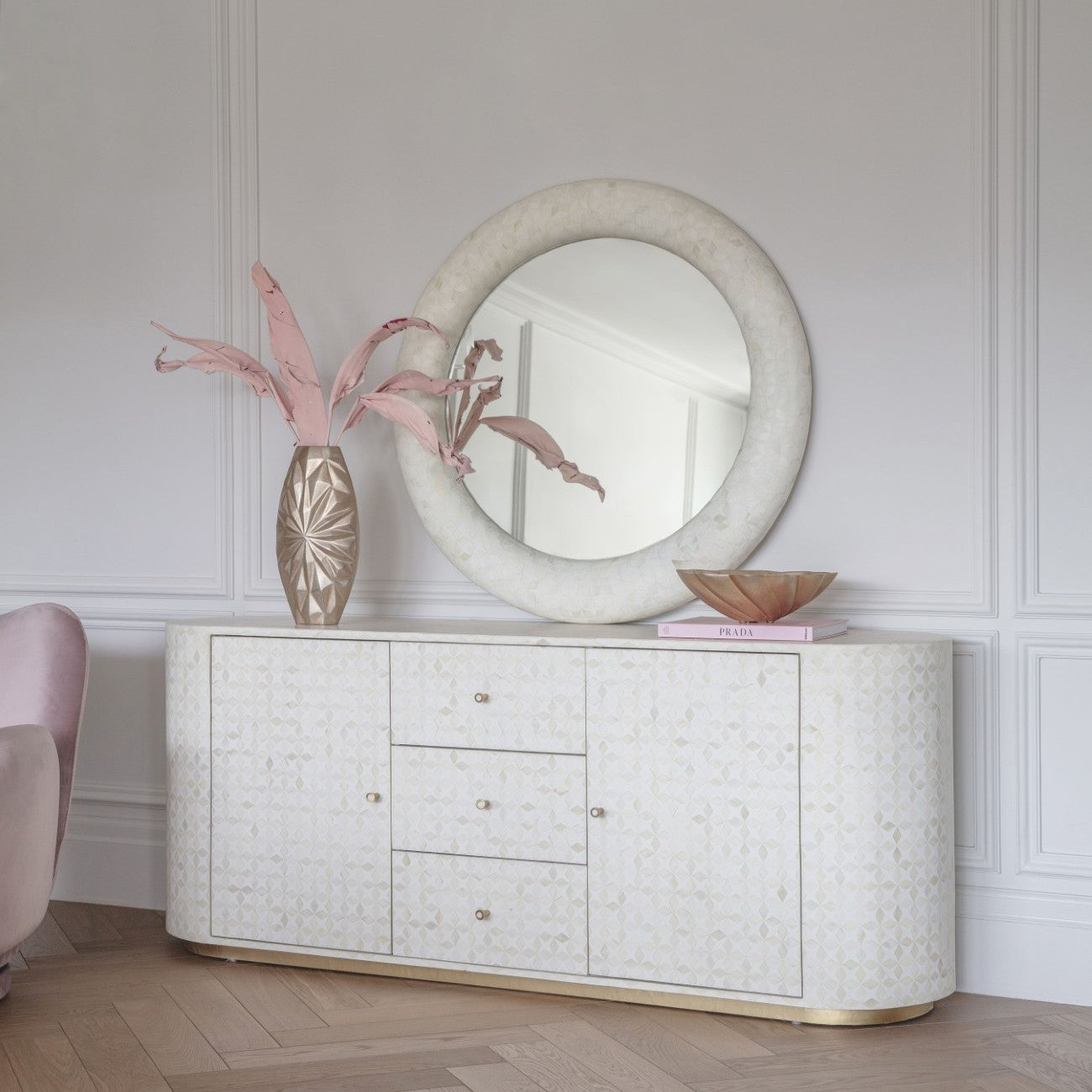 Bone Inlay Round Mirror with Buffet : Tara : White
