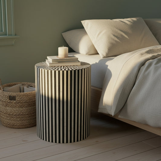 Bone Inlay Side Table : Stripe : Black