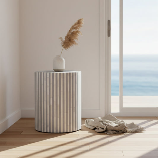 Bone Inlay Side Table :Stripe : Grey