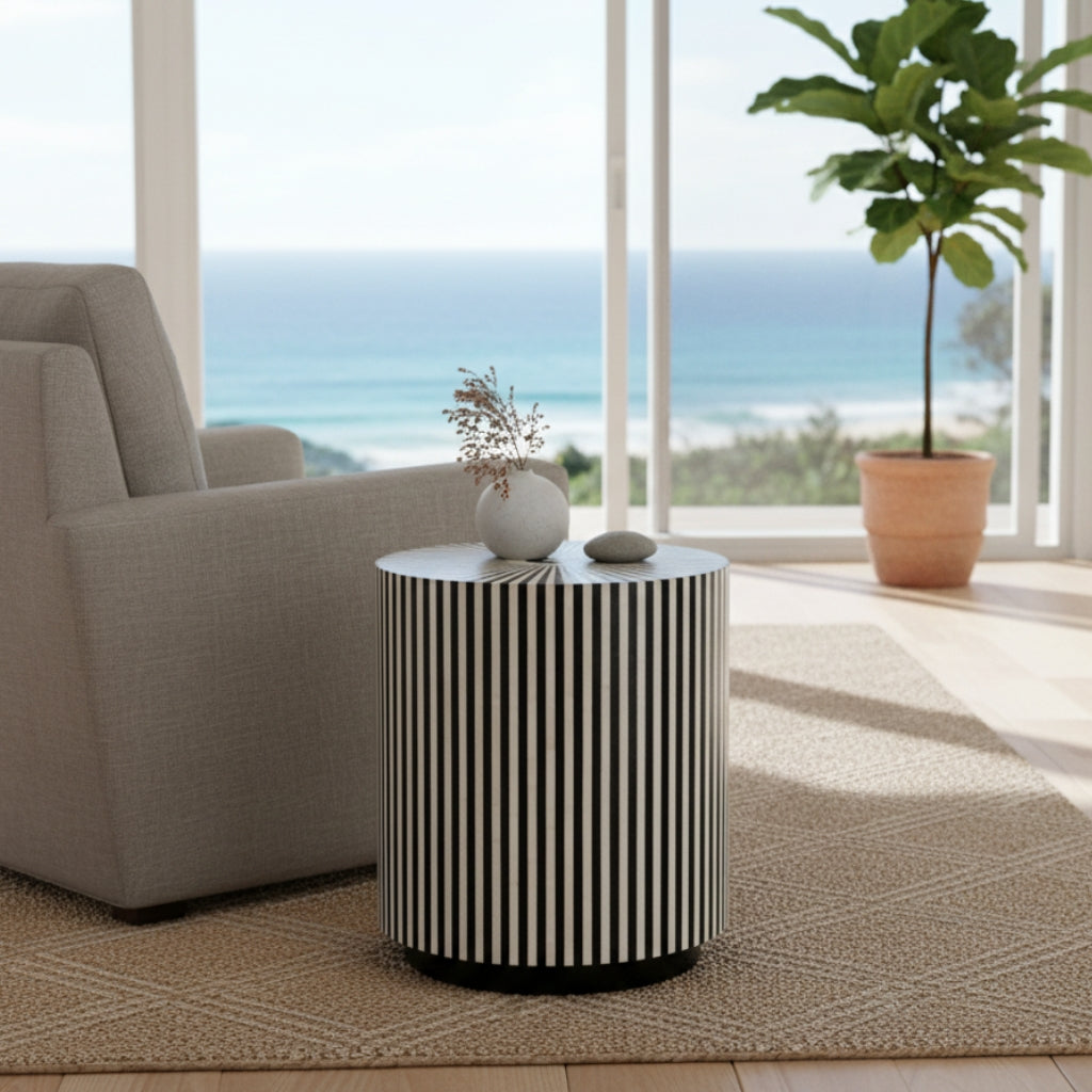 Bone Inlay Side Table with Black Plinth : Stripe : Black