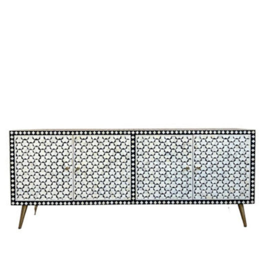 A large charcoal-colored sideboard with a geometric bone inlay pattern and minimalistic design, featuring four doors and supported by wooden legs.