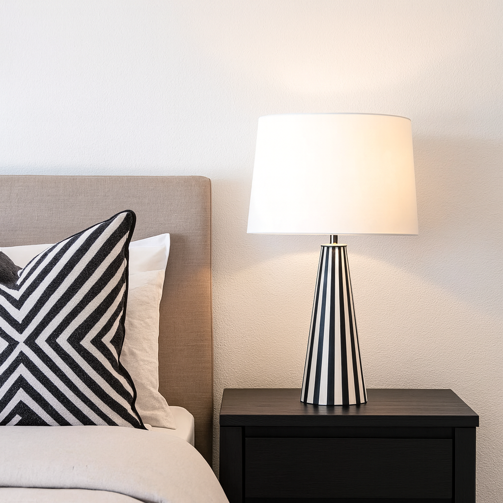 Striped lamp on a nightstand next to a bed with pillows